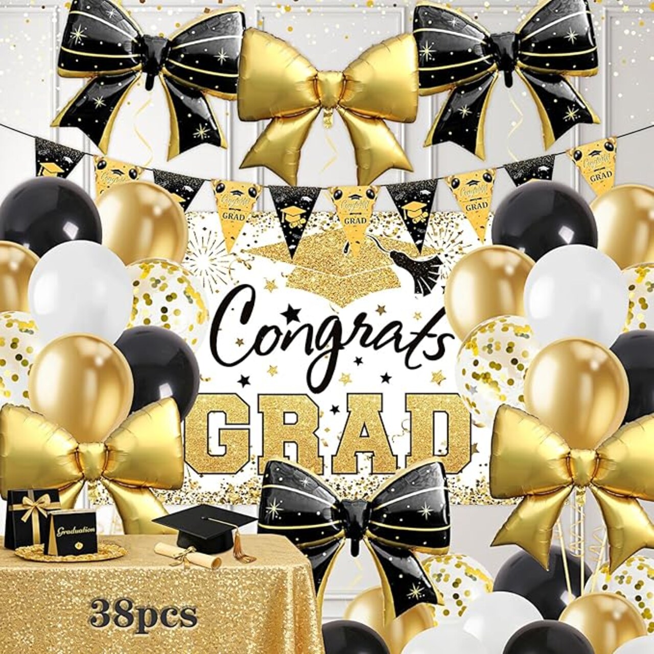 38-Piece Graduation Party Decorations Set 2026 – Congrats Grad Banner, Black & Gold Graduation Balloons, Backdrop & Giant Bow Foil Balloons, Class of 2026 Graduation Party Supplies for High School & College Celebrations